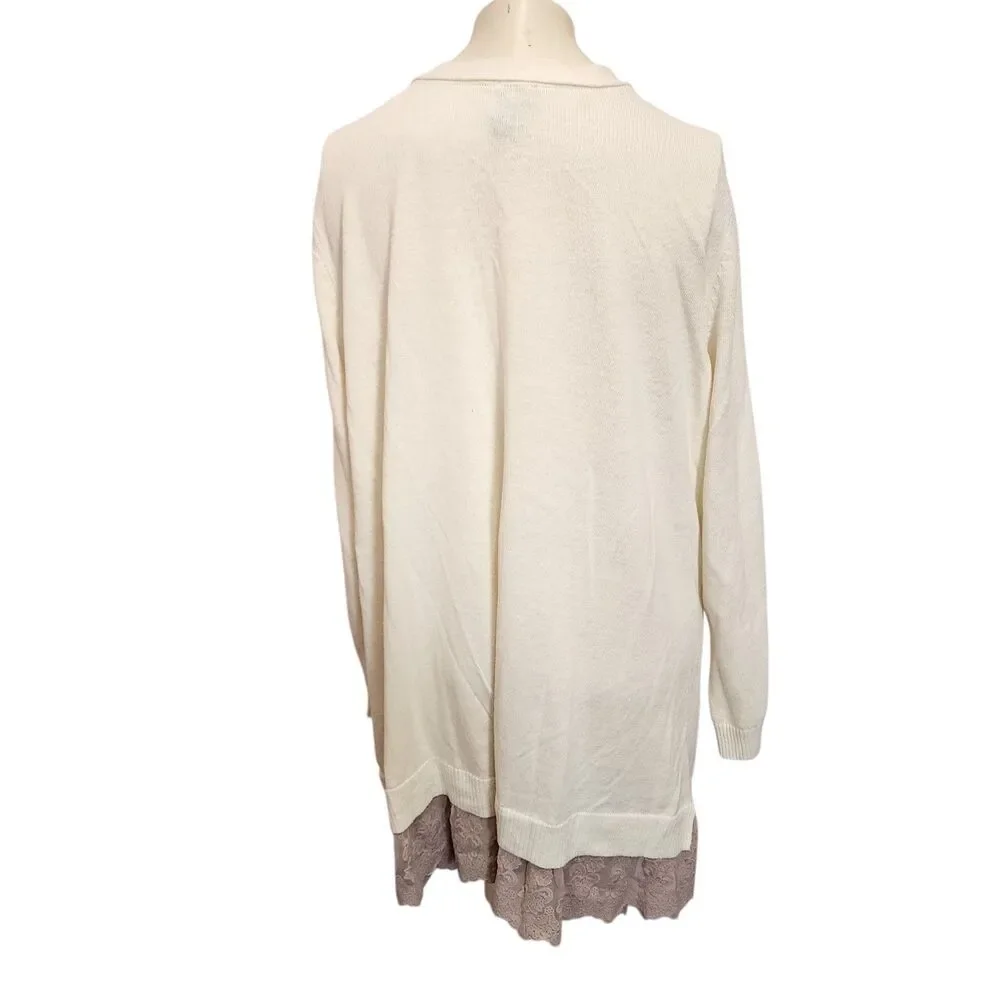 LOGO Lori Goldstein Cardigan 3X Ivory Lace Hem Button‎ Front Pockets Plus